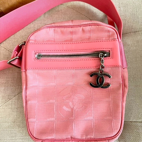 CHANEL Bag New Travel Line Shoulder Pink Pochette Coco Mark Women's Nylon Canvas - Picture 1 of 11